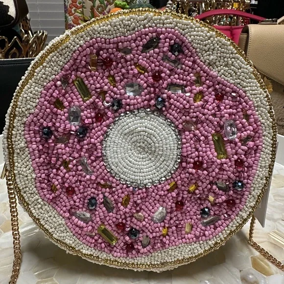 NWT Viral Marshall Pink Beaded Donut Crossbody Bag So Unique! - Picture 3 of 7